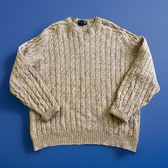 Lands End Shetland Wool Sweater Men's Size XL Tan Cable Knit Fisherman Chunky
